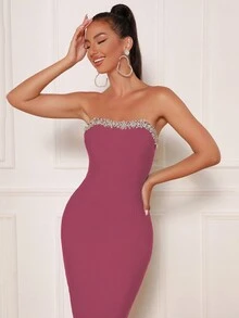 Modphy Rhinestone Detail Tube Bodycon Dress - Burgundy - View 5