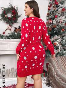 SHEIN Clasi Plus Christmas Pattern Sweater Dress - Red - View 2