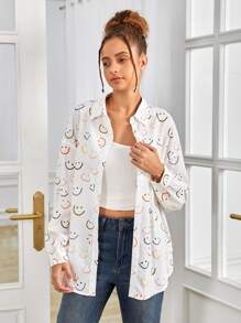 SHEIN Cô gái Dệt Đầy màu sắc Họa tiết mặt cười Giải trí Áo sơ mi - trắng - Xem 3