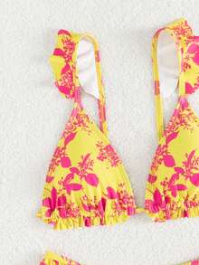 Floral Print Ruffle Trim Triangle Bikini Set - Yellow - View 3