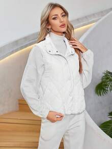 Zip Up Snap Button Vest Padded Coat - White - View 4