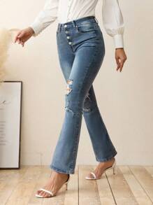 SHEIN LUNE Button Fly Ripped Flare Leg Jeans