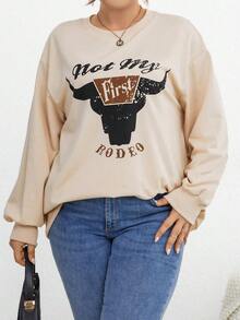 SHEIN LUNE Hơn Gia súc & Đồ họa Chữ cái Thả vai Áo nỉ - Màu Khaki - Xem 3