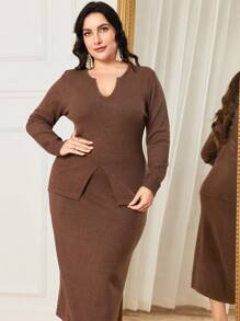 Modelyn Plus Notched Neckline Split Hem Sweater & Knit Skirt - Coffee Brown - View 6