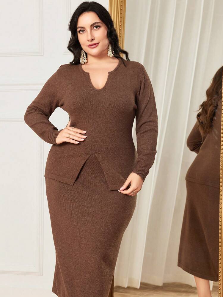 Plus Notched Neckline Split Hem Sweater & Knit Skirt