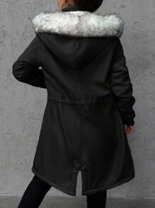 EURMUSE Flap Pocket Fuzzy Trim Hooded Thermal Lined Drawstring Waist Parka Coat - Black - View 2