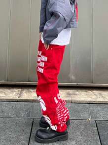 Manfinity EMRG Men Slogan Graphic Straight Leg Jeans - Red - View 6