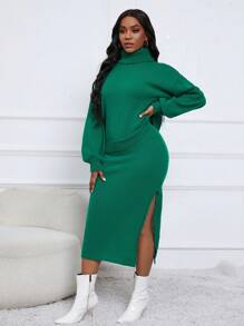 Zolique 高領落肩袖套頭毛衣&下擺開叉針織短裙 - 綠色 - 查看 3