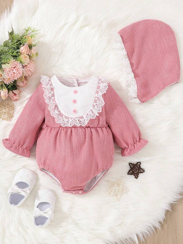 Baby Girl Contrast Lace Flounce Sleeve Bodysuit & Hat