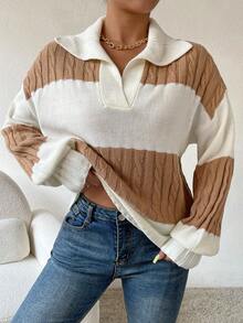 SHEIN Essnce Two Tone Cable Knit Drop Shoulder Sweater - Khaki - View 7
