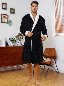 Men Dual Pocket Belted Flannel Robe
