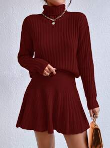 SHEIN Essnce Turtleneck Drop Shoulder Sweater & Knit Skirt - Red - View 3