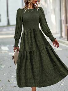 BTFBM Solid Lantern Sleeve Ruffle Hem Dress - Army Green - View 3
