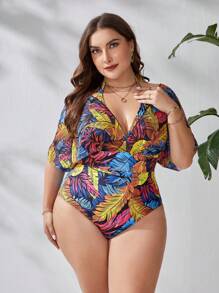 Swim Lushoire Summer Beach Plus Tropical Print Halter One Piece Swimsuit - Multicolor - View 4