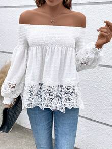 SHEIN Privé 女士露肩蕾絲下擺上衣 - 白色 - 查看 6