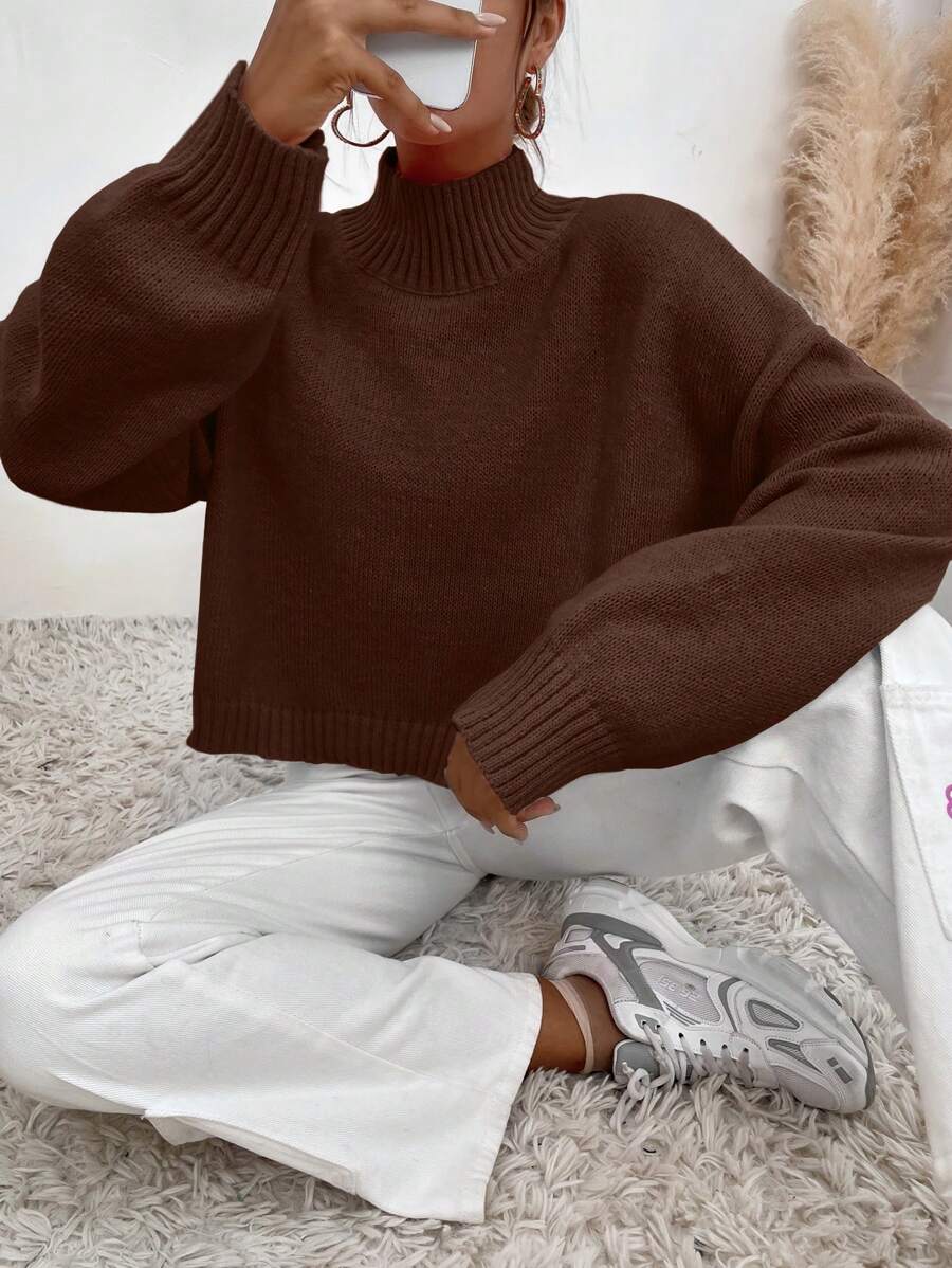 SHEIN Essnce Cổ giả Thả vai Áo len - Cà phê nâu - Xem 1