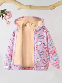 SHEIN Áo khoác nỉ có khóa kéo in hình khủng long dành cho bé gái, lót lông mềm mại. - Màu tím - Xem 1
