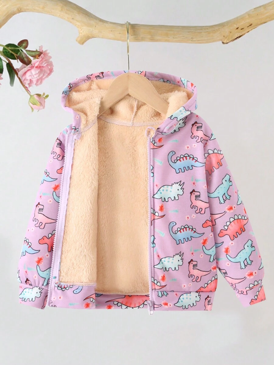 SHEIN Áo khoác nỉ có khóa kéo in hình khủng long dành cho bé gái, lót lông mềm mại. - Màu tím - Xem 1