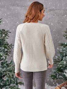 SHEIN Privé 麻花編織插肩袖套頭毛衣 - 米色 - 查看 2