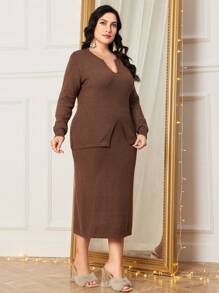 Modelyn Plus Notched Neckline Split Hem Sweater & Knit Skirt - Coffee Brown - View 4