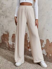 SHEIN LUNE 素色條紋針織闊腿褲 - 杏色 - 查看 3