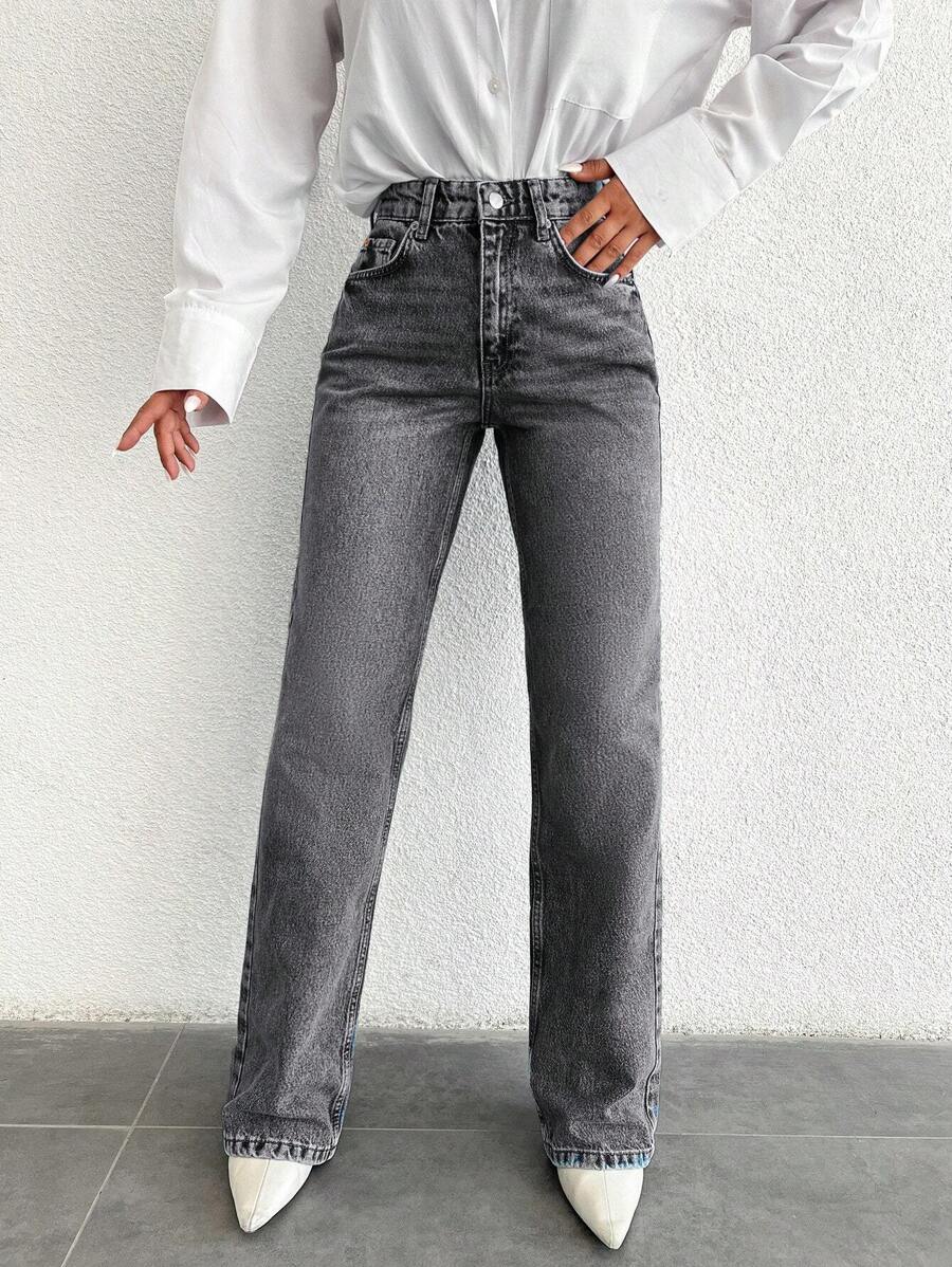 EURMUSE 100%Cotton Women's Mid-Rise Straight-Leg Jeans With Slanted Pockets - Grey - View 1
