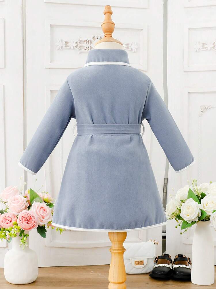 Baby Girl Contrast Binding Fold Pleated Belted Coat