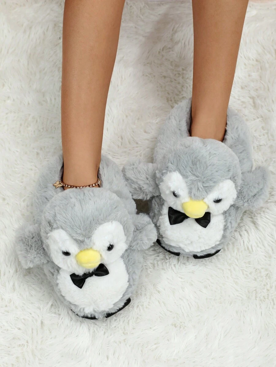 Autumn/Winter Cute Cartoon Penguin Plush Slip-On Indoor Slippers With Thick Soles, Couples Home Slippers, Warm & Cozy, Party Slippers,Furry Shoes,Funny Slippers,Fluffy Slippers - Grey - View 1