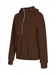 SHEIN Essnce Half Zip Raglan Sleeve Kangaroo Pocket Hoodie - Coffee Brown - View 4