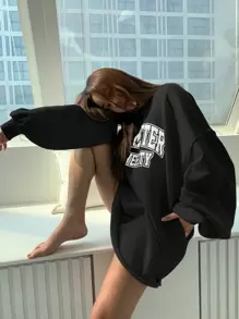 DAZY Women's Drop Shoulder Letter Printed Sweatshirt,Long Sleeve Tops,Fall Clothes - Black - View 1