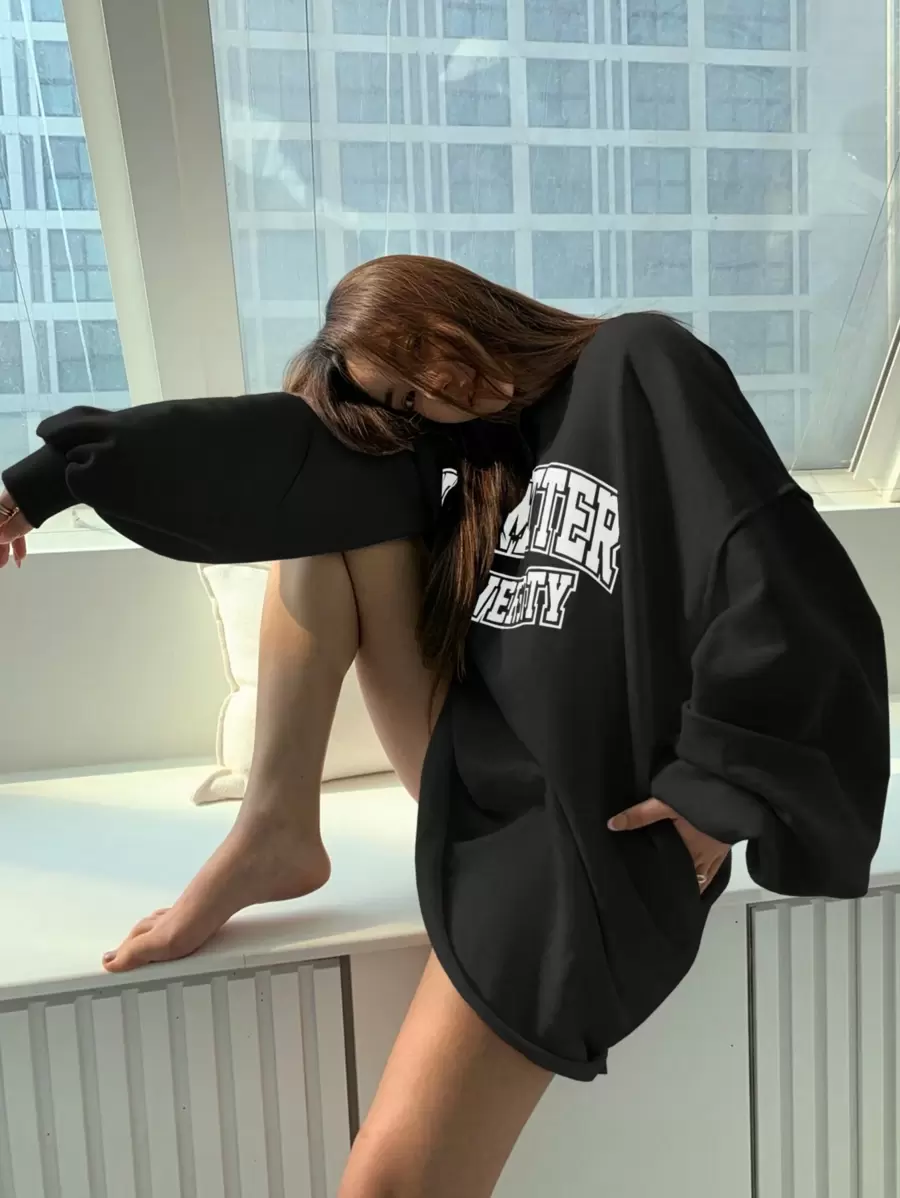 DAZY Women's Drop Shoulder Letter Printed Sweatshirt,Long Sleeve Tops,Fall Clothes - Black - View 1