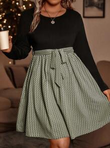 SHEIN LUNE Plus Graphic Print Belted Dress - Green - View 6