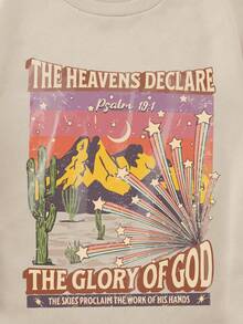 SHEIN EZwear Hơn Đồ họa núi & chữ Thả vai Áo nỉ - Màu be - Xem 3