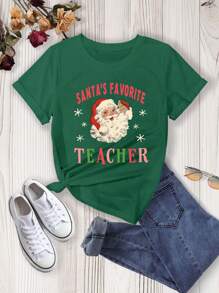 SHEIN Essnce Christmas Print Tee - Green - View 1