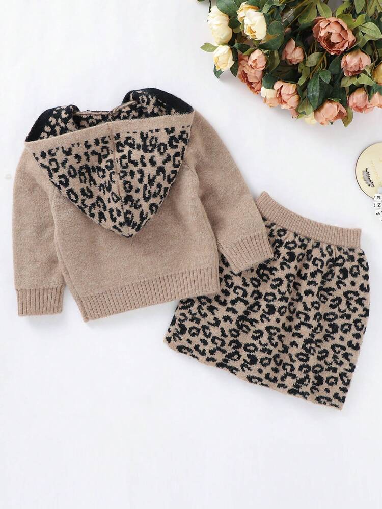 Little Girls' Leopard Pattern Spliced Hoodie And Skirt 2pcs/set