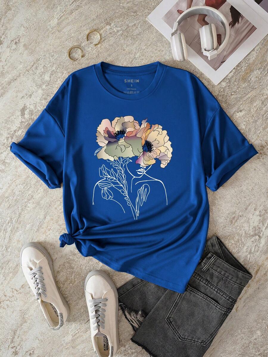 SHEIN EZwear Camiseta con estampado floral - azul real - Ver 1