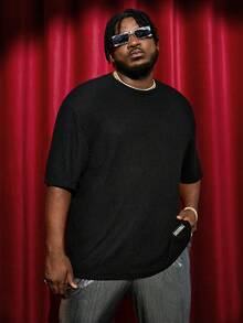 GENTILAND 大碼字母貼布落肩T恤 - 黑色 - 查看 3