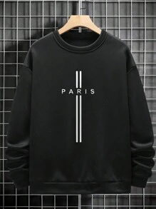 Manfinity Homme Men Letter Graphic Sweatshirt Going Out Crew Neck Black Graphic Long Sleeve Sweatshirt, For Friends, Husband, Boyfriend Gifts, Paris Sweatshirt, Men Graphic Sweatshirt, Men Paris Sweatshirt - Black - View 3