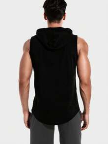 Men Letter Graphic Drawstring Hooded Sports Tank Top Gym Clothes - Black - View 2