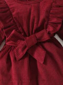 Bebé niña Vestido con cinturón ribete con fruncido con sombrero - Burdeos - Ver 3