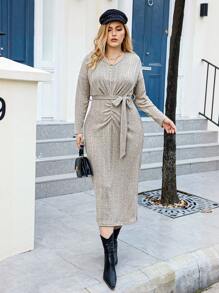 Celure Plus Rib-knit Ruched Belted Dress