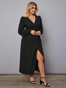 RueChic Plus Solid Wrap Hem Dress - Black - View 3