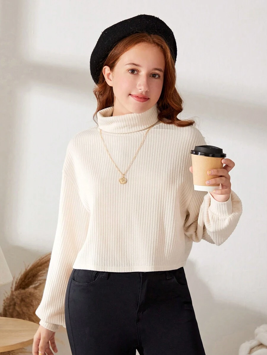 SHEIN 少女編織純色短款高領泡泡袖休閒長袖T卹