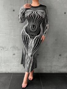 SHEIN ICON 大碼滿版印花魚尾裙下擺洋裝 - 彩色 - 查看 2