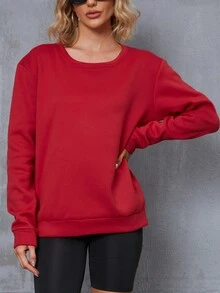 SHEIN LUNE 素色落肩袖運動衫 - 紅色 - 查看 3