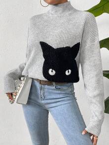 SHEIN Essnce Jersey con patrón de gato de cuello alto de hombros caídos - Gris - Ver 4