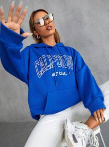 SHEIN Unity Letter Graphic Drawstring Hoodie - Royal Blue - View 5