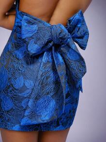 Hauture Floral Jacquard Tie Back Halter Dress - Blue - View 4