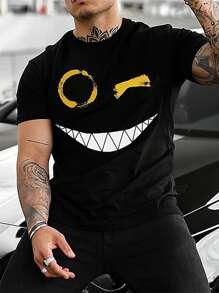 Manfinity LEGND Camiseta de manga corta informal con gráfico de dibujos animados para hombre, para salir - Negro - Ver 1