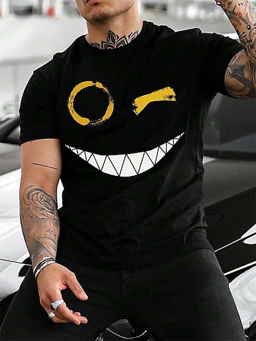 Manfinity LEGND Camiseta de manga corta informal con gráfico de dibujos animados para hombre, para salir - Negro - Ver 1